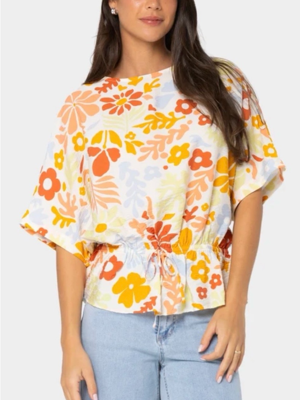 Peace Love World Floral Print Boat Neck Cinched Waist Top